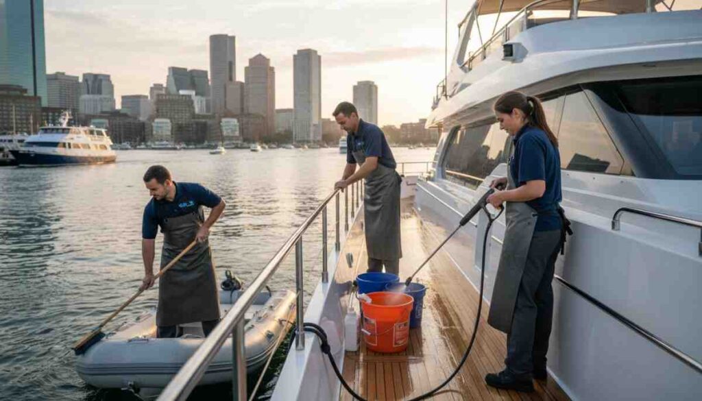 Professional cleaners detailing a boat deck and cabin at a marina, showcasing spotless marine surfaces