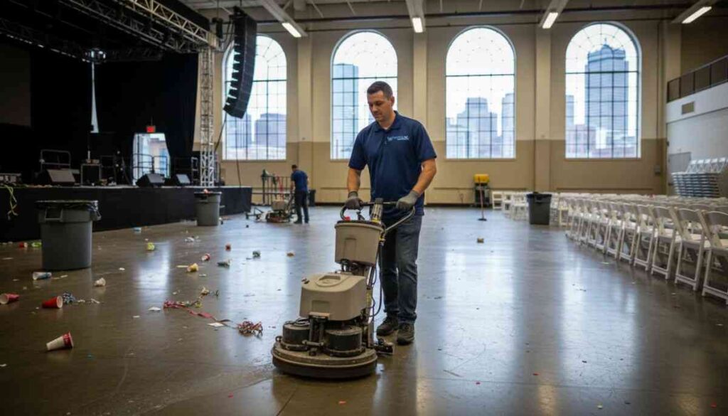 Professional cleaners performing detailed post-event cleanup in a Sydney venue, focusing on floors and surfaces