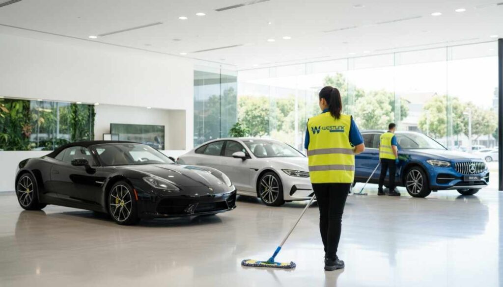 Professional cleaners maintaining a high-end luxury showroom with polished floors and spotless displays