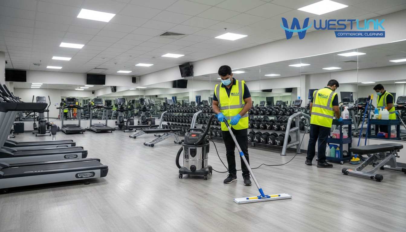 Worker cleaning laminate floor in gym with equipment.