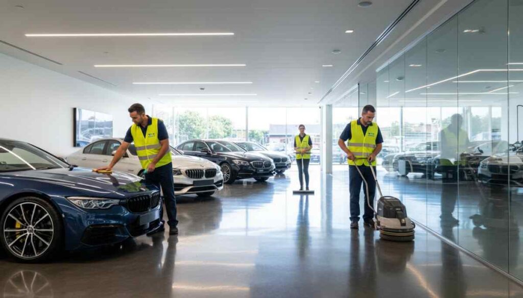 Professional cleaners maintaining a luxury showroom with polished floors, glass, and premium displays