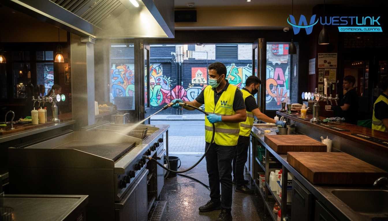 Professional cleaning of pub kitchen elements like fryers and taps in Darlinghurst, Sydney.