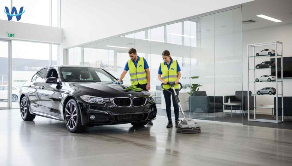 Professional cleaners maintaining spotless floors, glass, and displays in a modern retail showroom