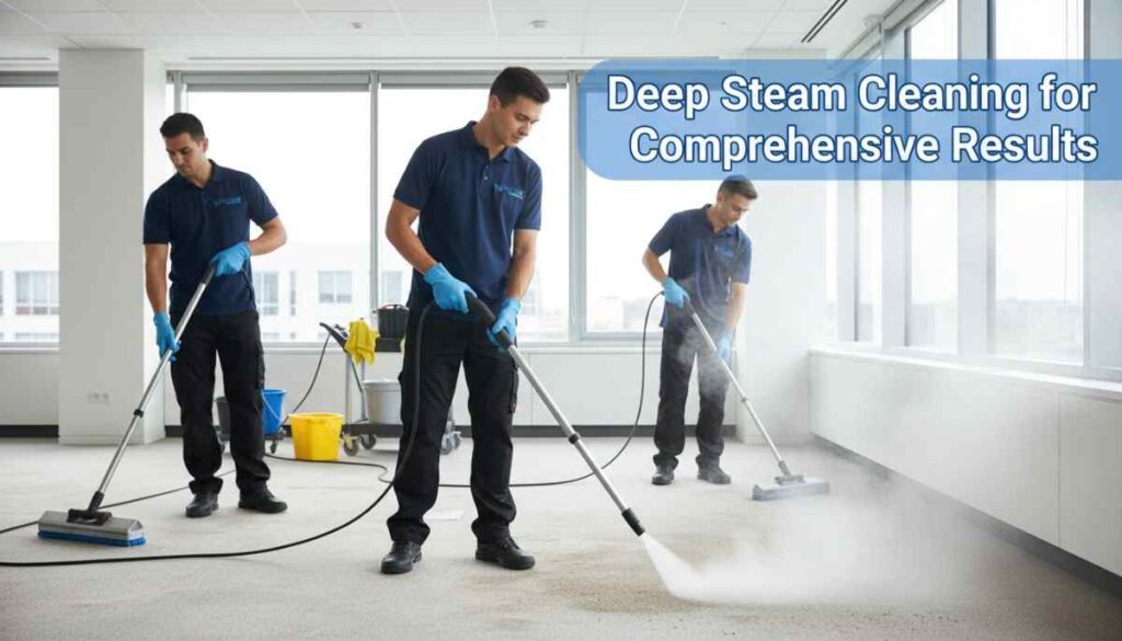 Professional using commercial steam cleaner on tiled floor during post-construction deep cleaning, removing embedded dirt and residues safely