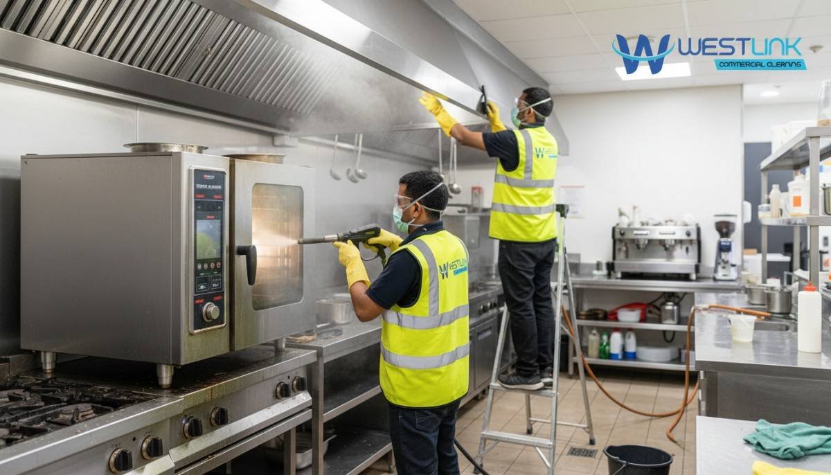 Cleaners working on ovens and hoods in a Surry Hills commercial kitchen