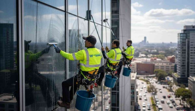 Professional window cleaner detailing glass, frames, and sills in a commercial building