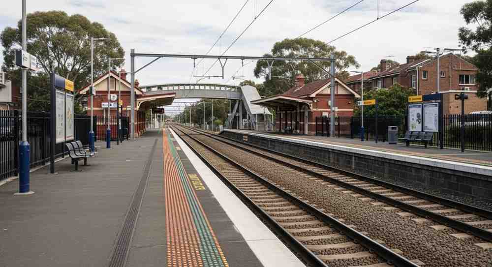 Clean suburban railway station platform in Panania with tracks, seating, and overhead lines