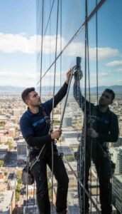 Professional technician using rotary floor machine to remove stains and scuffs from high-traffic tiled area, restoring uniform glossy finish