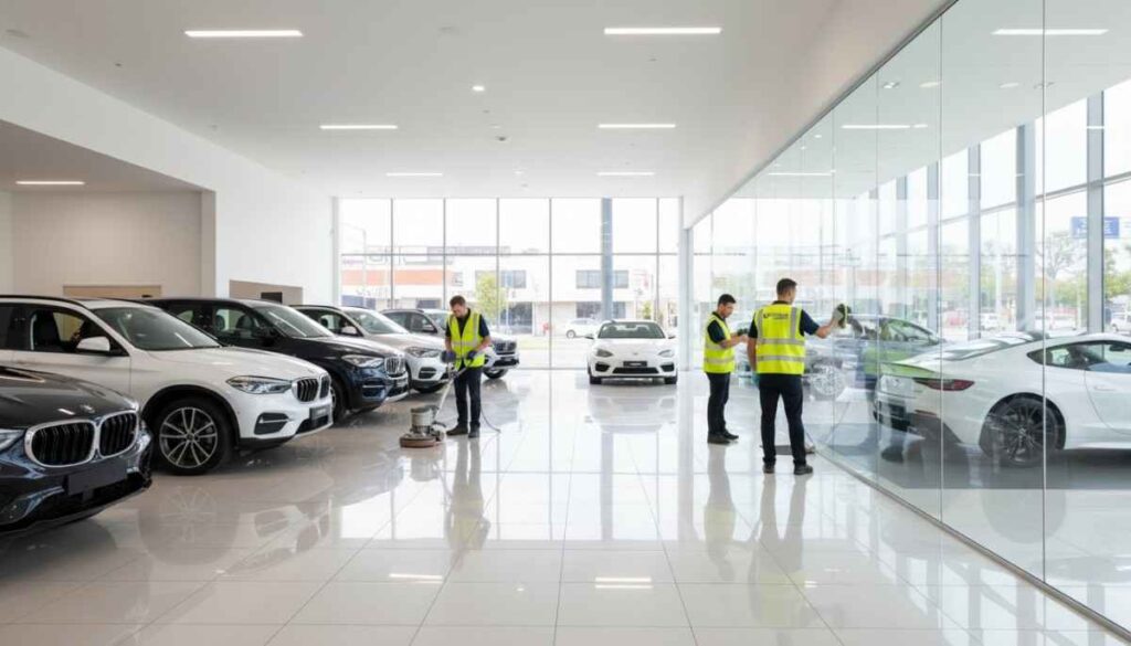 Professional cleaners polishing floors and glass inside a modern retail showroom