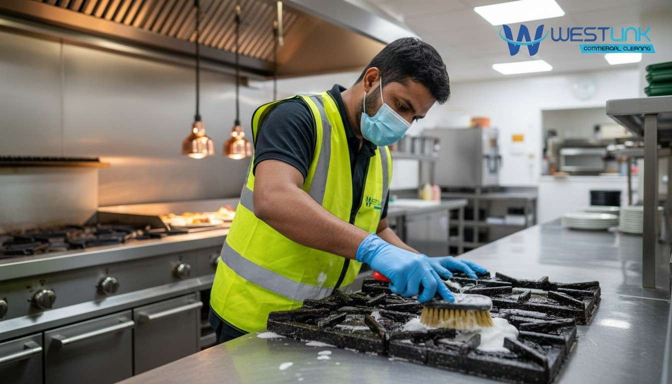 Cleaner scrubbing greasy stove grates on a restaurant cookline bench.