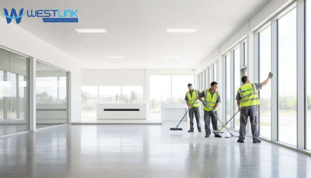 Professional cleaners removing construction dust and debris from a newly built showroom