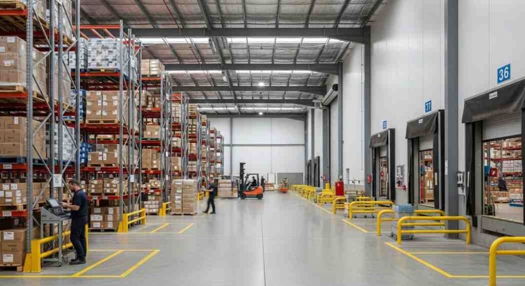 Clean and organized warehouse facility in South West Sydney with workers managing inventory and clear loading areas