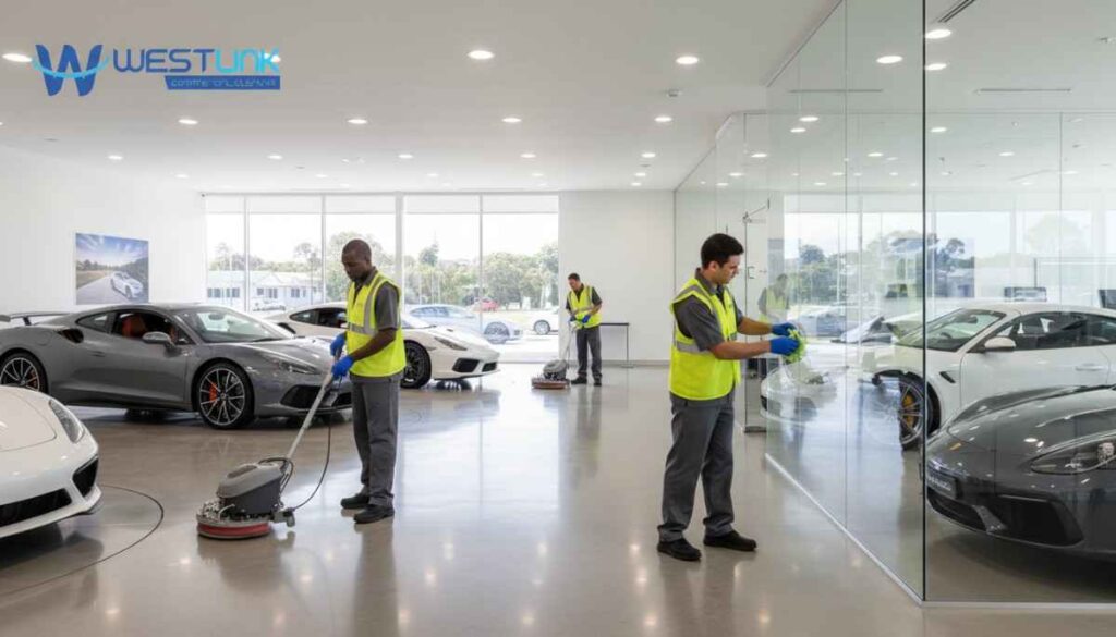 Professional cleaners maintaining a pristine showroom in South Hurstville with spotless floors and displays