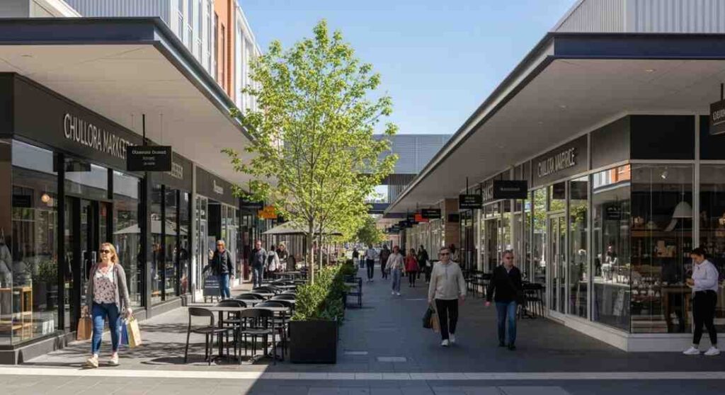 Modern shopping center in Chullora with clean walkways, outdoor seating, and shoppers