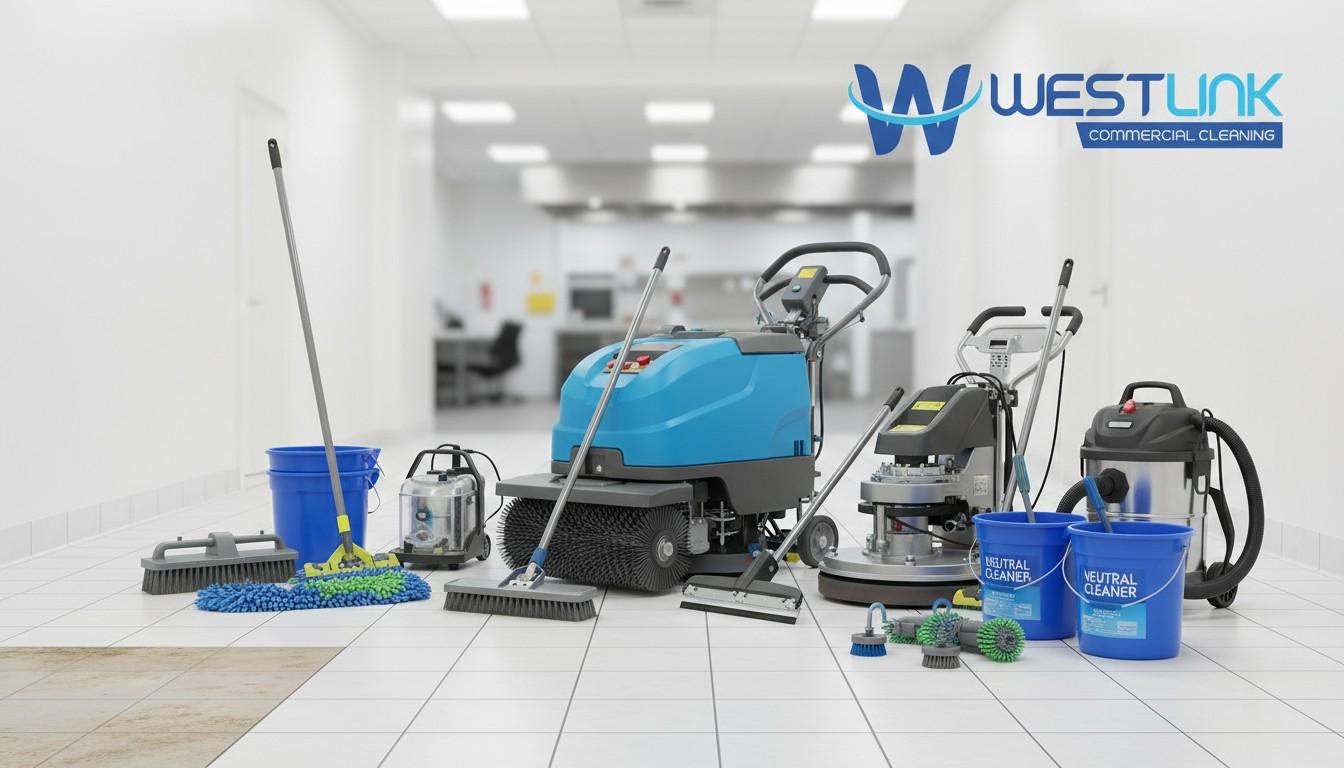 Collection of professional tile floor cleaning tools including auto scrubbers, rotary buffers, grout extractors, steam cleaners, wet vacuums, and brushes for deep cleaning and restoring tiled floors in restaurants and offices.