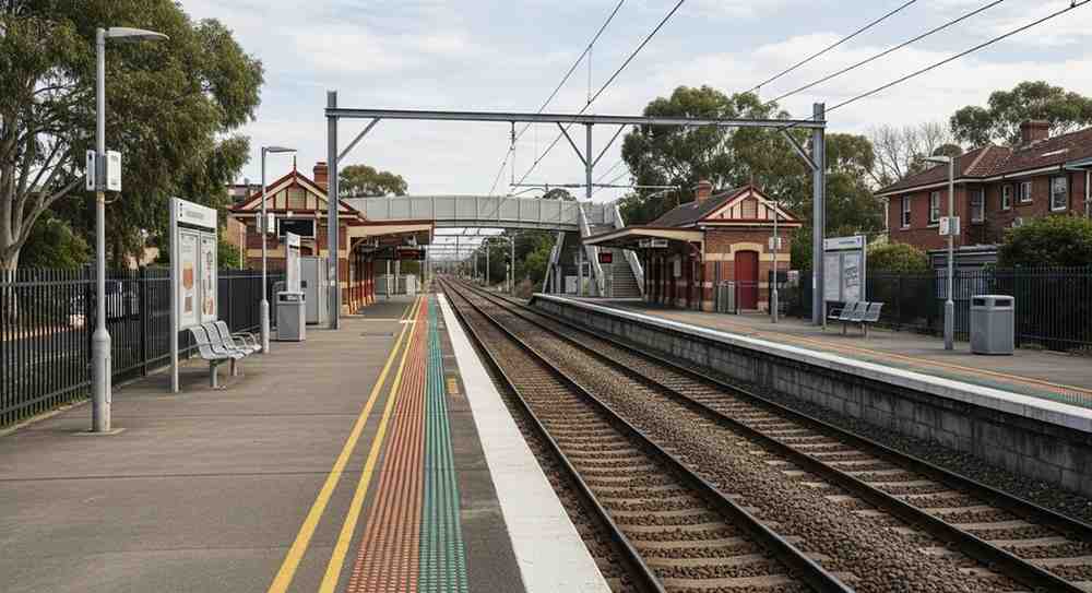 Clean and well-maintained railway station platform at Carlton with clear signage and tidy floors