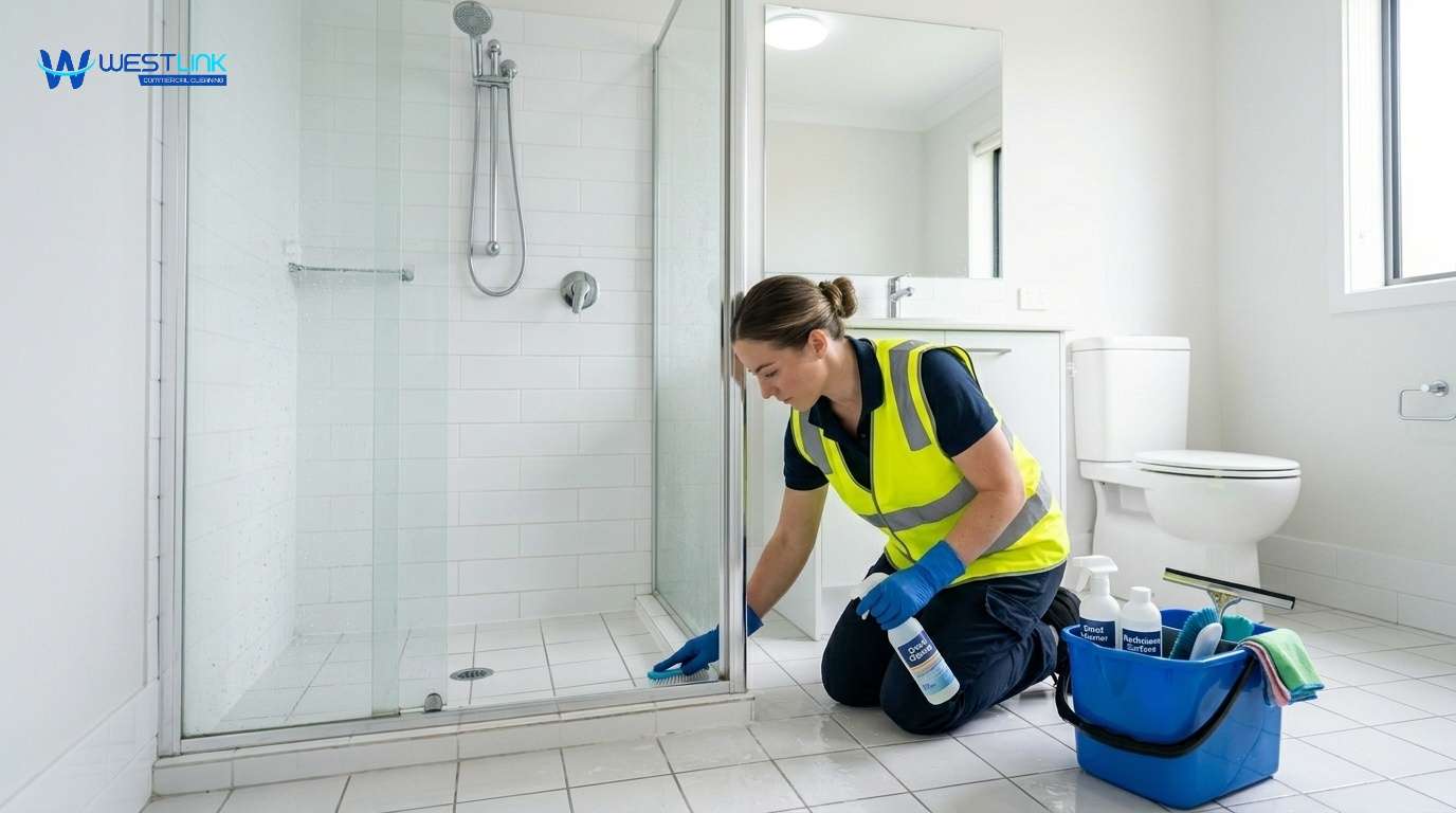Professional cleaner scrubbing bathroom tiles, sink, and shower in an empty rental property