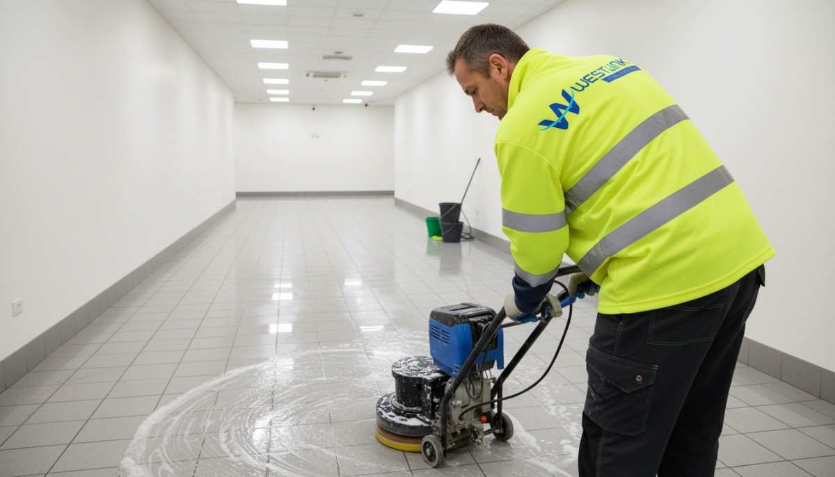 Westlink Commercial Cleaning Professional cleaner scrubbing ceramic tile floor in a commercial interior in Sydney