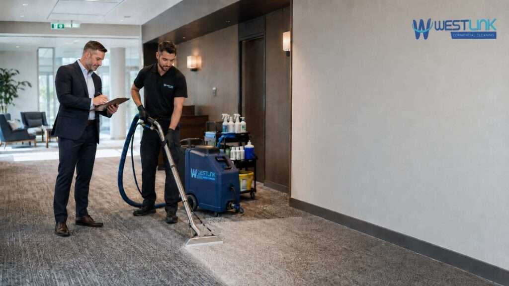 Westlink commercial carpet cleaning technician professionally cleaning office carpet while a facility manager checks service quality and costs.