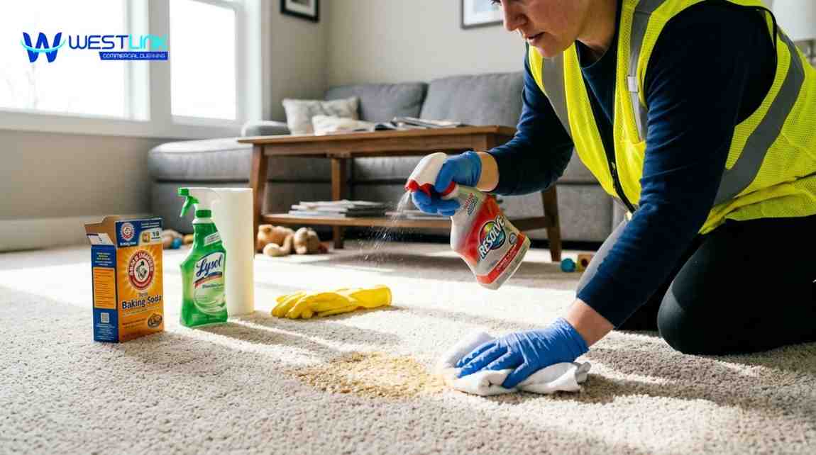 Person quickly cleaning a fresh vomit stain on a carpet with gloves, spray bottle, and cloth, highlighting the importance of immediate stain removal.