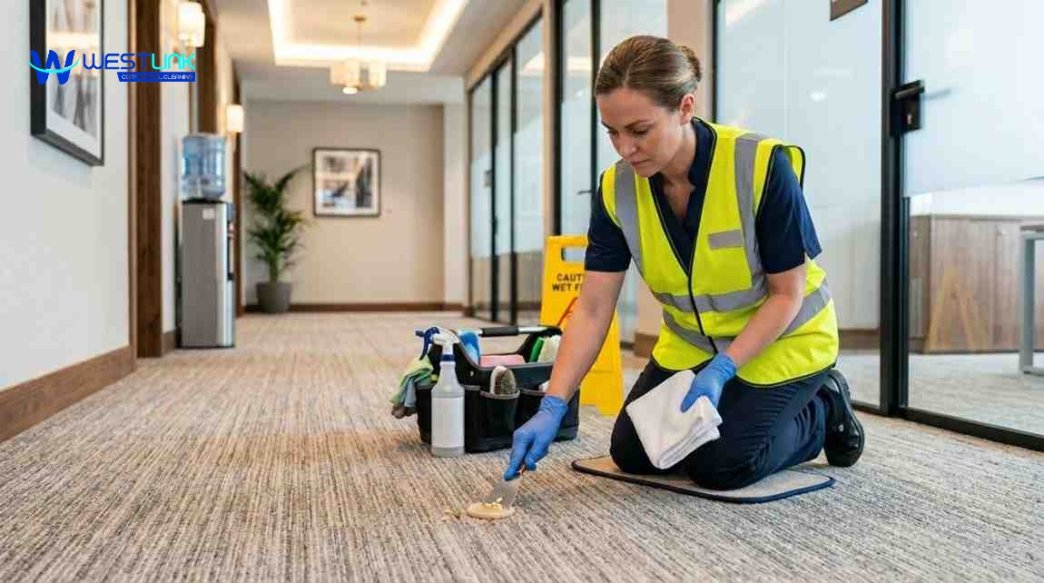 Cleaner removing hardened candle wax from commercial carpet using scraping tool and cloth