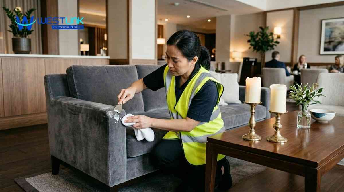 Cleaner removing candle wax from upholstered chair with a candle placed nearby in a commercial setting