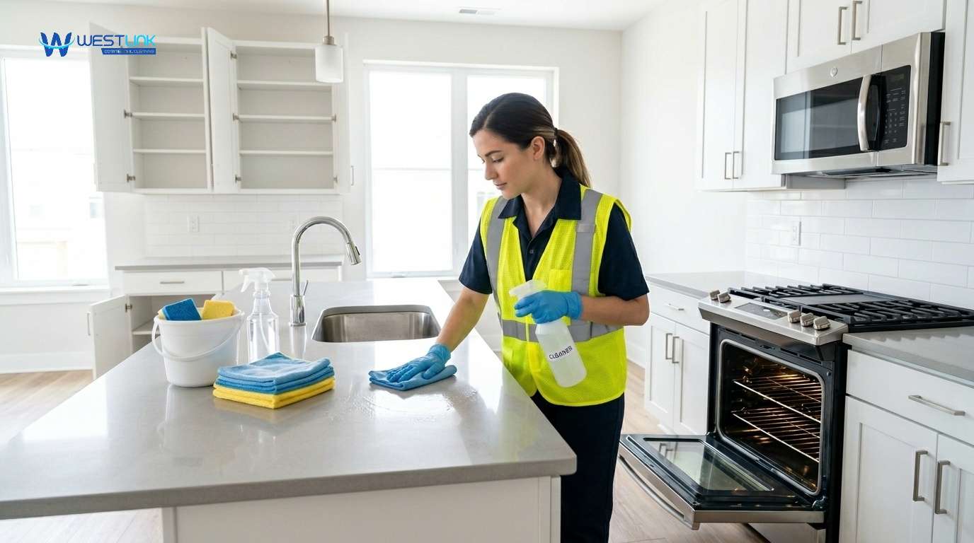 Professional cleaner deep cleaning kitchen appliances, countertops, and cabinets in an empty rental property