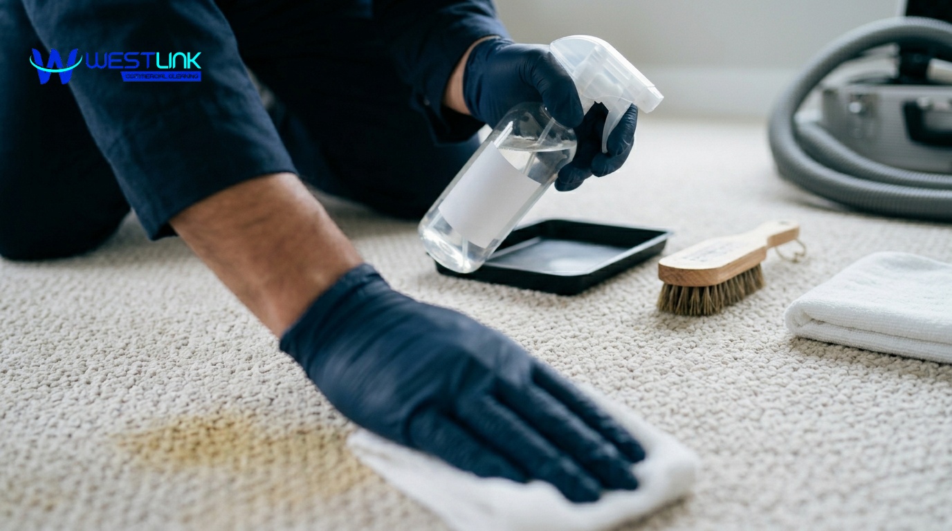 Cleaner applying stain remover to carpet and blotting remaining marks with a cloth