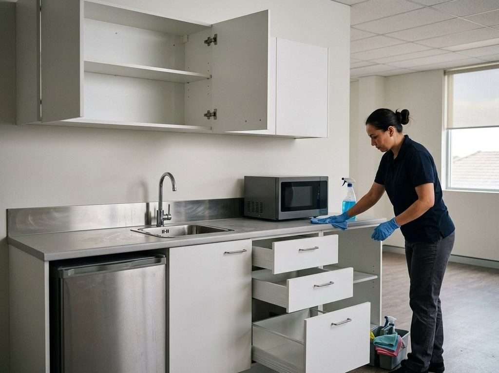 Cleaner wiping a benchtop and sink in an empty office kitchenette.
