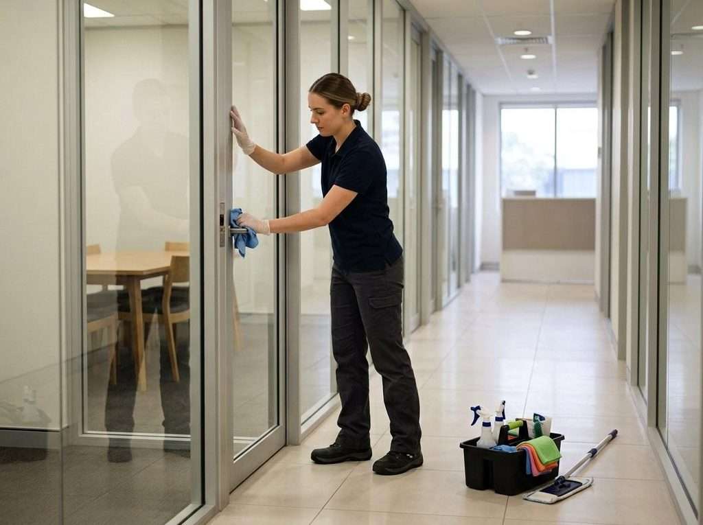 Cleaner wiping a glass office entry in a vacant commercial corridor.