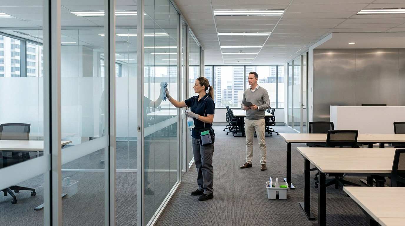 Cleaner finishing an internal glass partition in a vacant commercial office while a property manager checks the space.