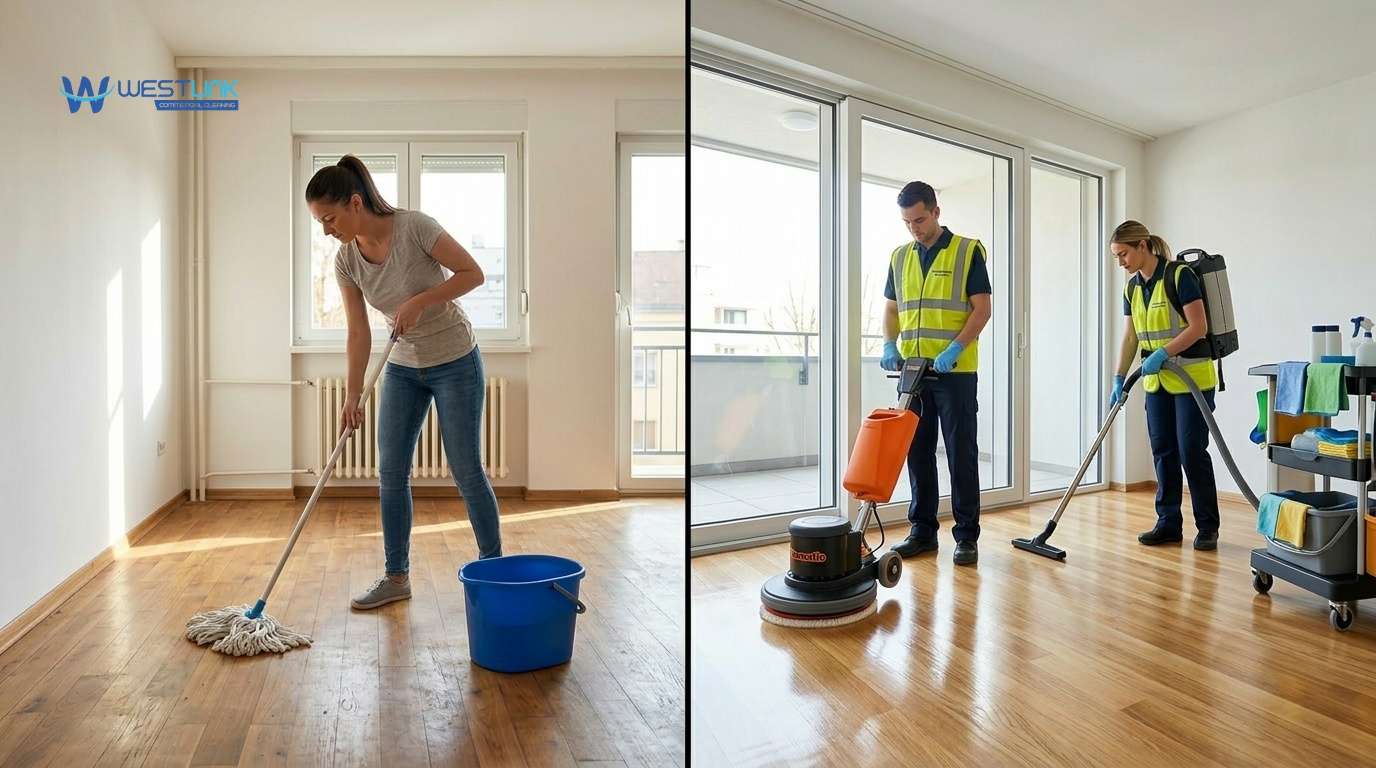 Side-by-side comparison of homeowner cleaning and professional cleaners working in an empty rental property