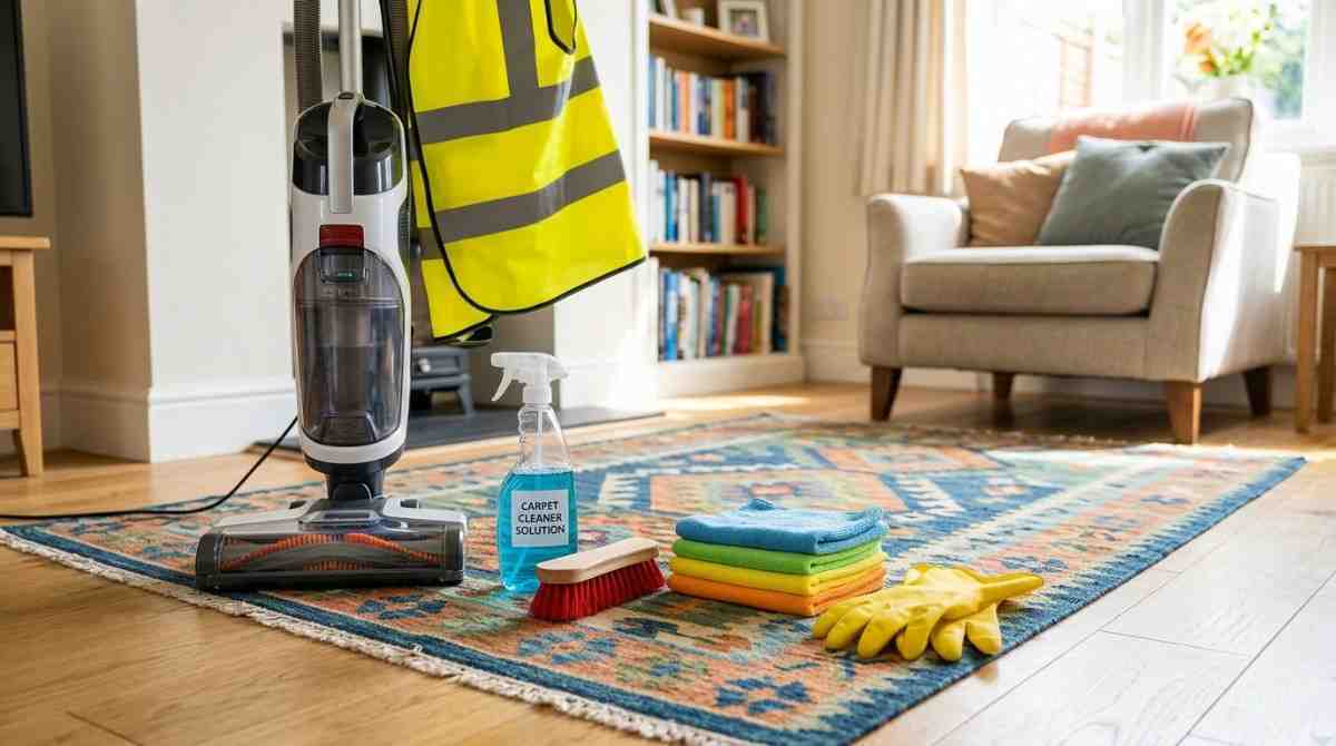 A person vacuuming a clean, colorful carpet in a sunlit living room, demonstrating daily carpet care tips.