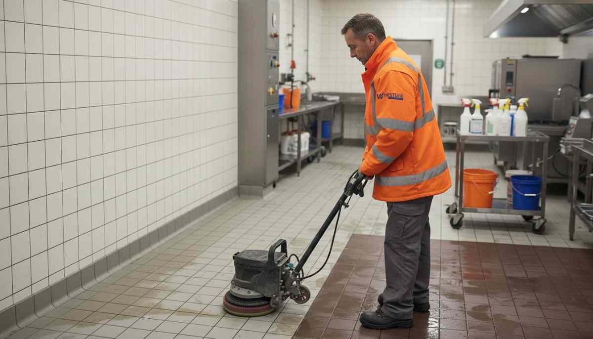 Westlink Commercial Cleaning technician cleaning tiled floor and grout lines in a commercial kitchen in Sydney