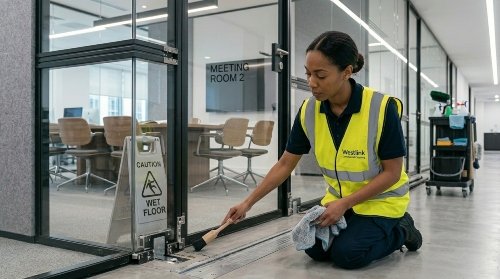 Westlink Commercial Cleaning cleans and detailing window frames, sills, and tracks