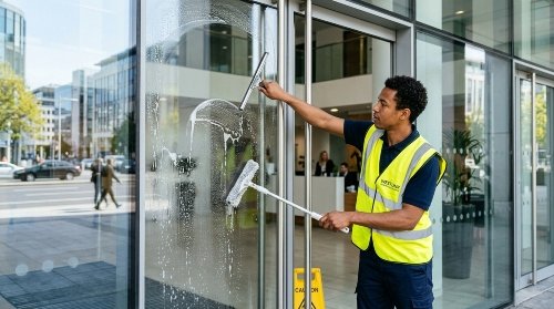 Westlink Commercial Cleaning cleaner cleaning front entry glass doors at a commercial building