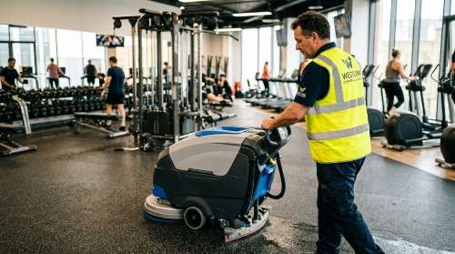Westlink Commercial Cleaning operator using a floor scrubber in a gym training area