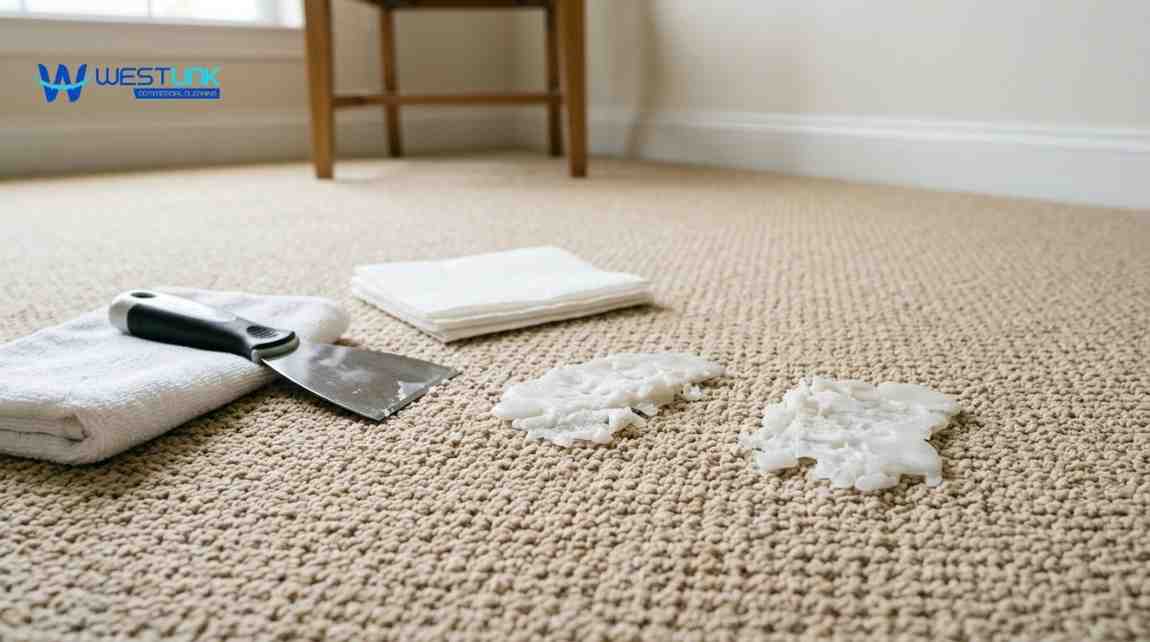 Hardened candle wax on carpet being prepared for removal with cleaning tools nearby