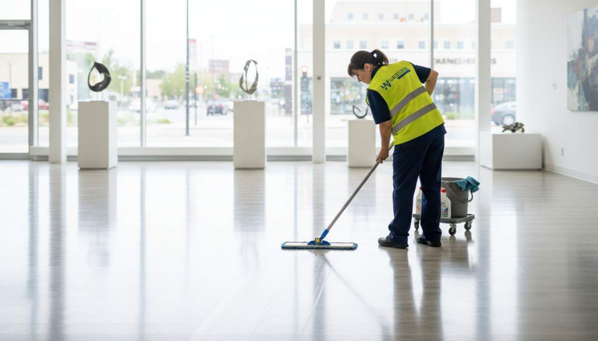 Westlink Commercial Cleaning cleaner mopping a high-gloss laminate floor in a bright showroom