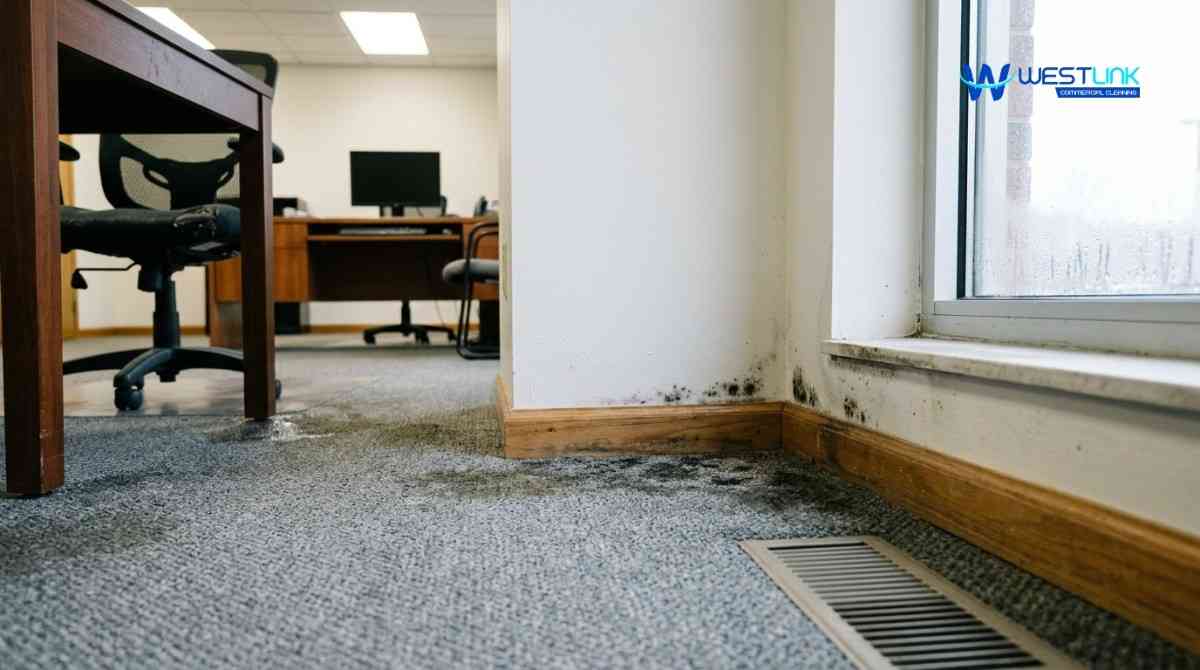 Commercial interior with damp carpet near wall edges and corners showing early signs of mould growth
