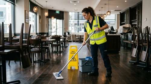 Westlink Commercial Cleaning staff member mopping a restaurant or event venue floor