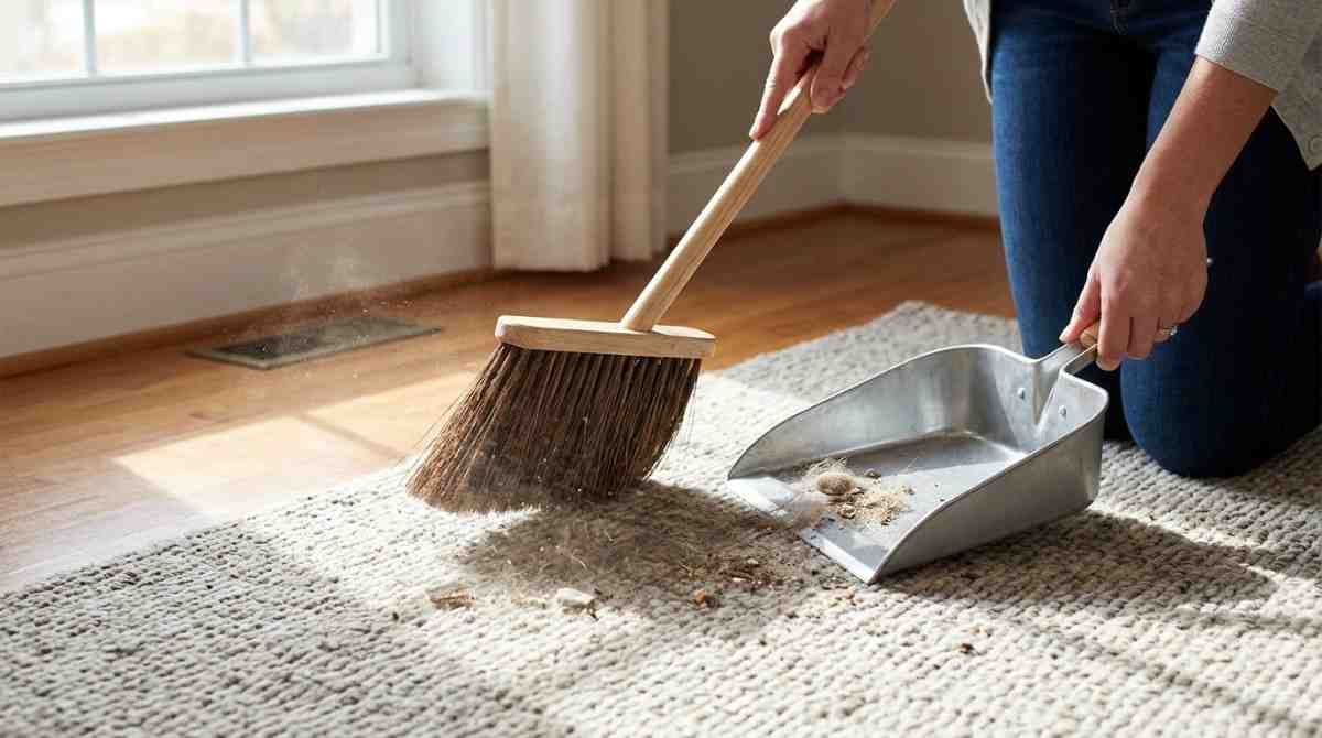 A person cleaning a carpet manually with a brush and broom in a bright, tidy living room, without using a vacuum cleaner