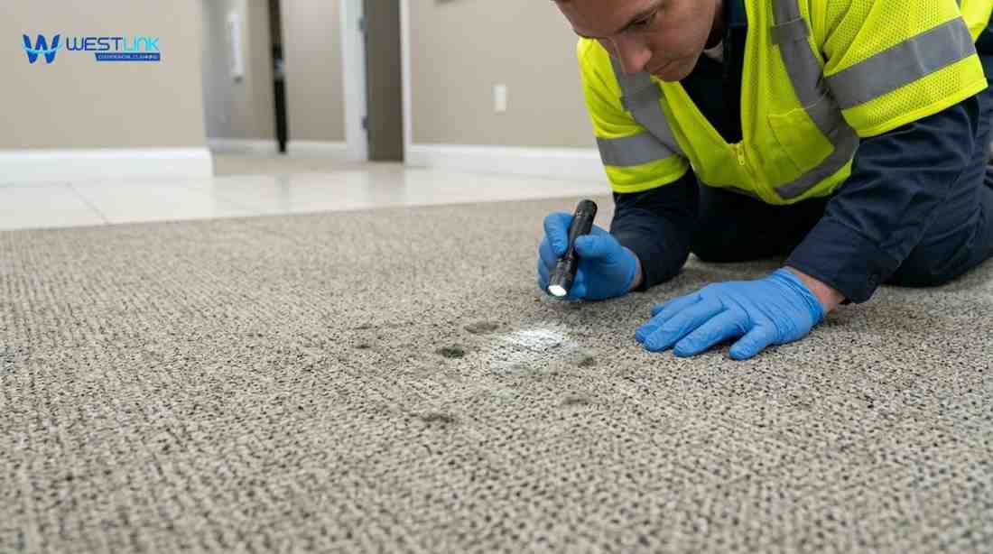 Close-up of commercial carpet with visible mould spots being inspected by a cleaner