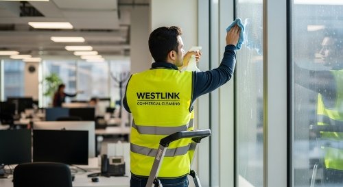 Westlink Commercial Cleaning cleaner wiping internal glass in an office