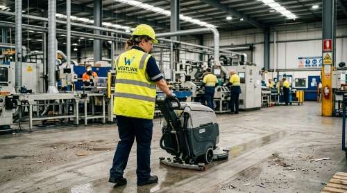 Westlink Commercial Cleaning operator machine-scrubbing an industrial floor in a factory