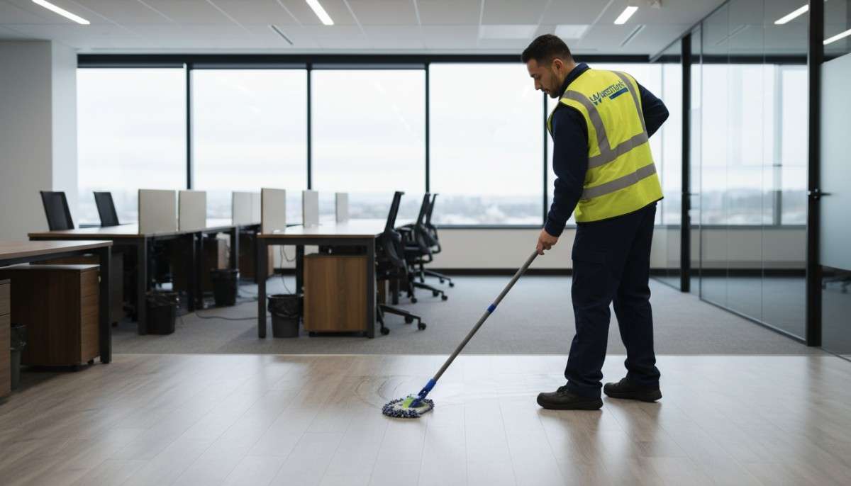 Westlink Commercial Cleaning cleaner mopping a matte laminate floor in a modern office space