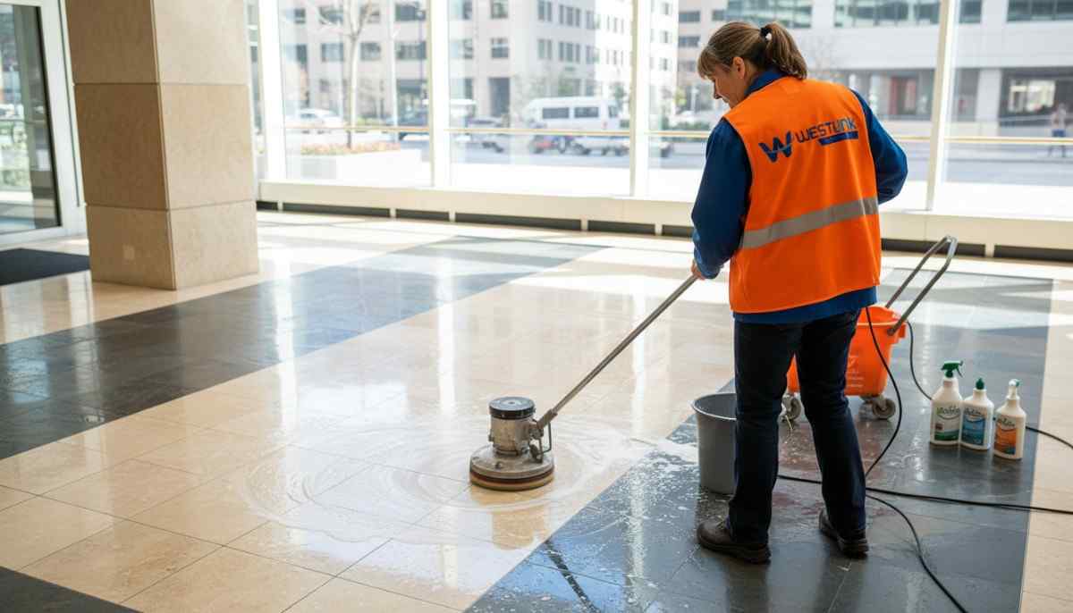 Westlink Commercial Cleaning expert cleaning floor with machine
