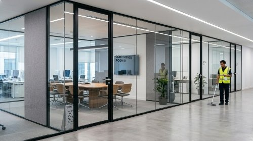 Westlink Commercial Cleaning cleaner working besides office glass partitions in a commercial spac