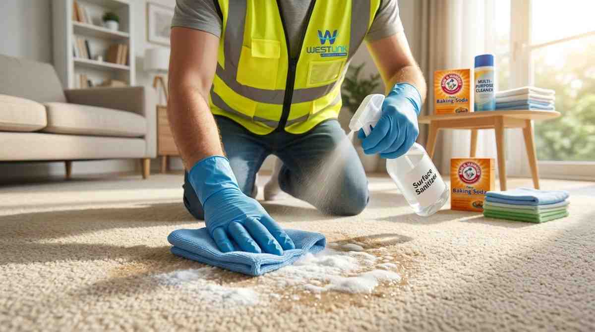 Person cleaning vomit from a beige carpet with gloves, spray bottle, cloth, and baking soda, showing quick stain removal and odor elimination in a bright home setting.
