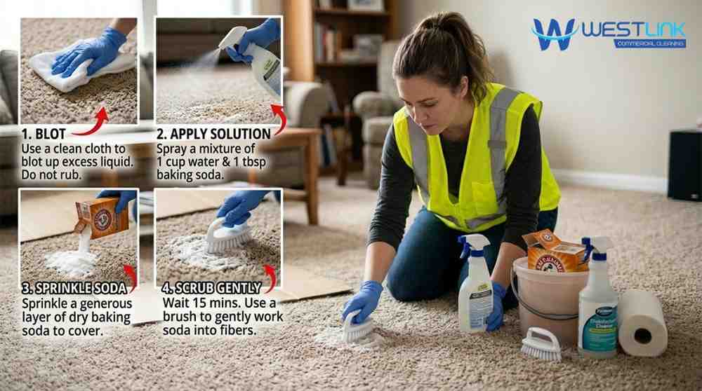 Step-by-step DIY process of cleaning vomit from a carpet, showing gloves, cloth, spray bottle, and baking soda being used to remove the stain effectively.